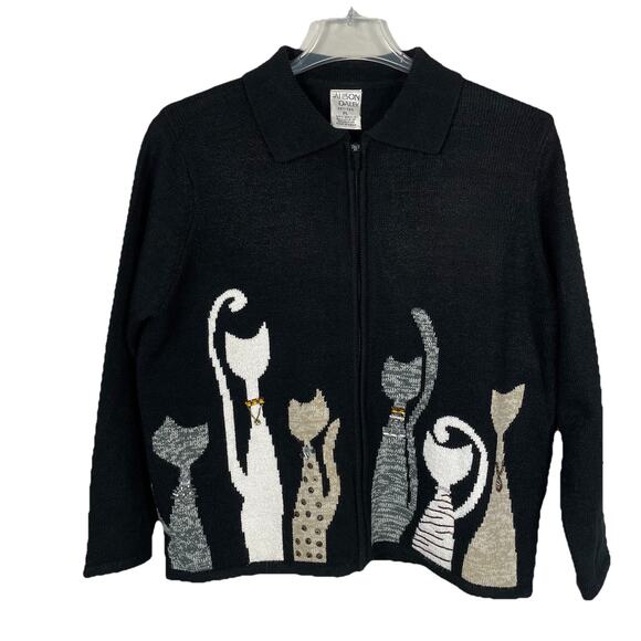 VTG Allison Daley Beaded Cat Sweater Size PL Black Full Zip Cardigan Fun Classic - Picture 1 of 16